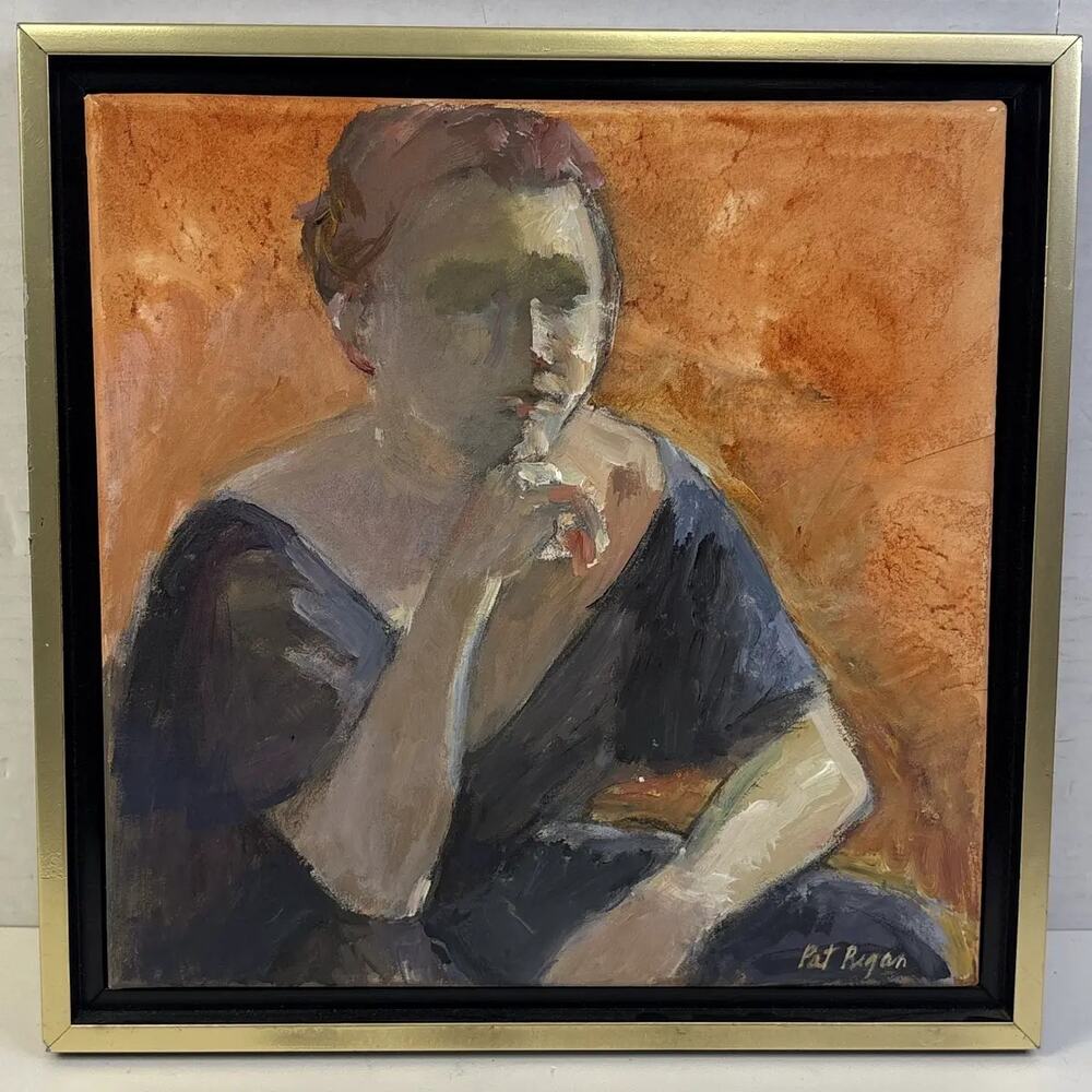 Pat Regan Dreamer Signed Original Portrait Painting Framed Orange Blue Wall Art